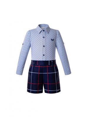 Blue Boys Button Kids Clothes Outfit Blue Shirt + Grid Shorts 