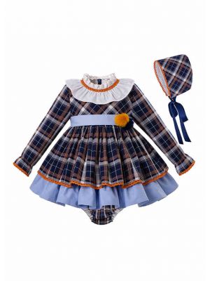 3 Pieces Babies Blue Grid Autumn Dress + Bloomers + Hat