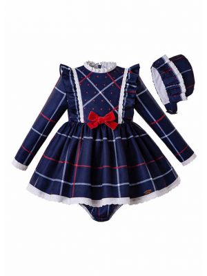 3 Pieces Autumn Babies Blue Ruffle Grid Bow Infant  Dress + Bloomers + Bonnet