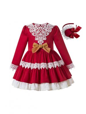 2020 Sweet Autumn Princess Red Layered Ruched Girls Boutique Dress + Handmade Headband