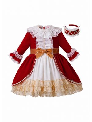 Autumn & Winter Red Princess Girls Layered Dress + Hand Headband