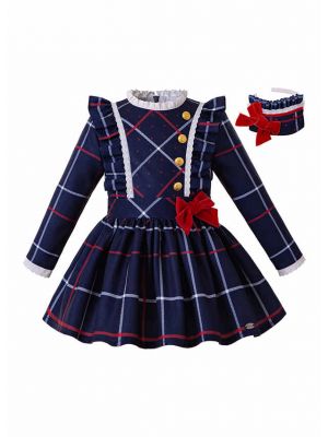 Girls Blue Grid School Uniform Style Bow Boutique Kids Dress + Hand Headband