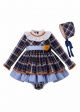 3 Pieces Babies Blue Grid Autumn Dress + Bloomers + Hat