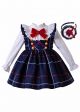 Sweet Bow Blue Grid Suspender Girl Dress + White Blouse + Hand Headband