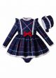 3 Pieces Autumn Babies Blue Ruffle Grid Bow Infant  Dress + Bloomers + Bonnet