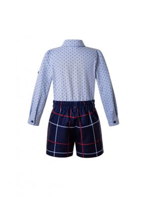 Blue Boys Button Kids Clothes Outfit Blue Shirt + Grid Shorts 