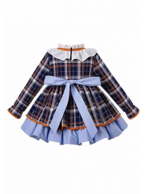 3 Pieces Babies Blue Grid Autumn Dress + Bloomers + Hat