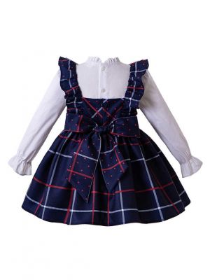 Sweet Bow Blue Grid Suspender Girl Dress + White Blouse + Hand Headband