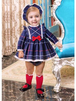 3 Pieces Autumn Babies Blue Ruffle Grid Bow Infant  Dress + Bloomers + Bonnet